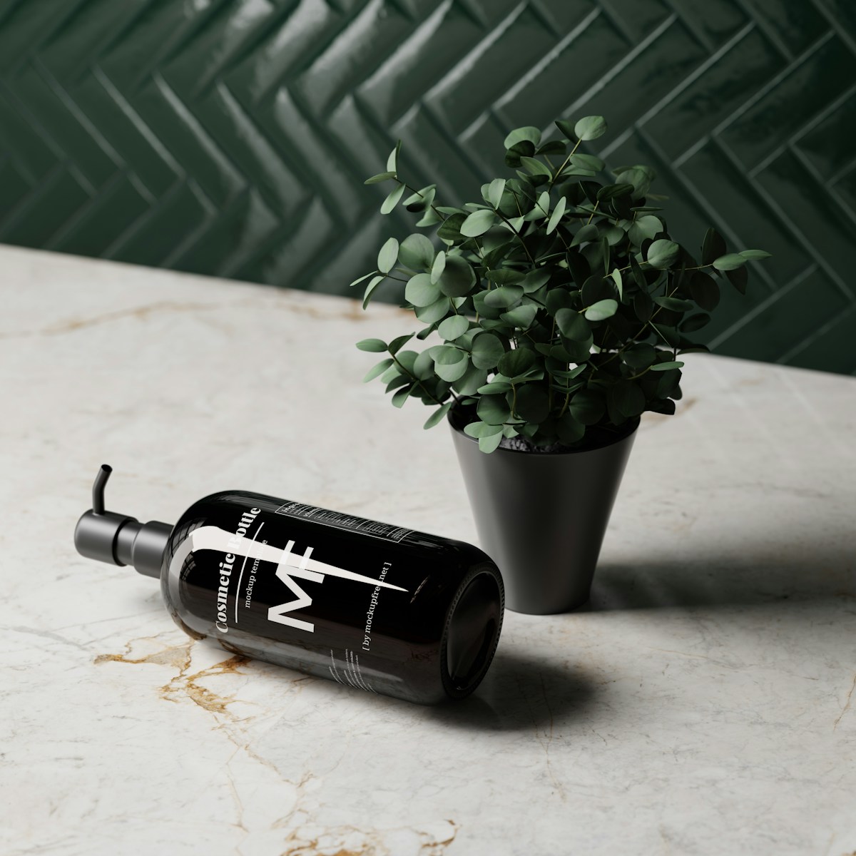 a bottle of wine sitting next to a potted plant